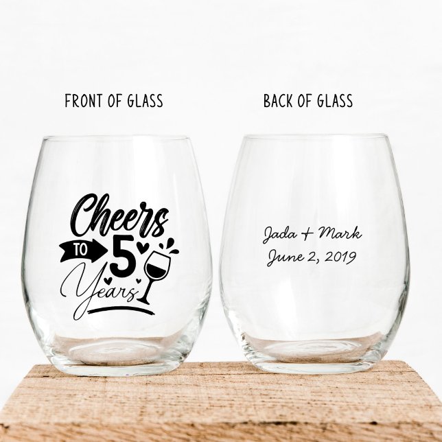5th Wedding Anniversary Elegant Celebration Stemless Wine Glass (stemless wine glass to celebrate 5th wedding anniversary customized with names and date)