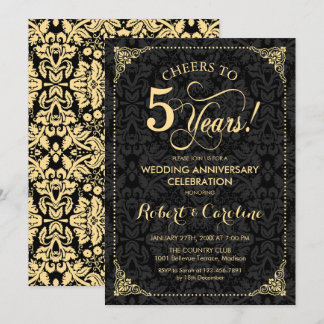 5th Wedding Anniversary - Gold Black Damask Invitation