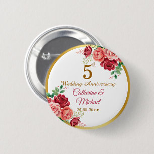 5th Wedding Anniversary Gold Frame Floral 6 Cm Round Badge