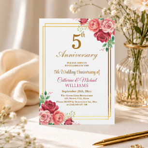 5th Wedding Anniversary Gold Frame Floral Invitation