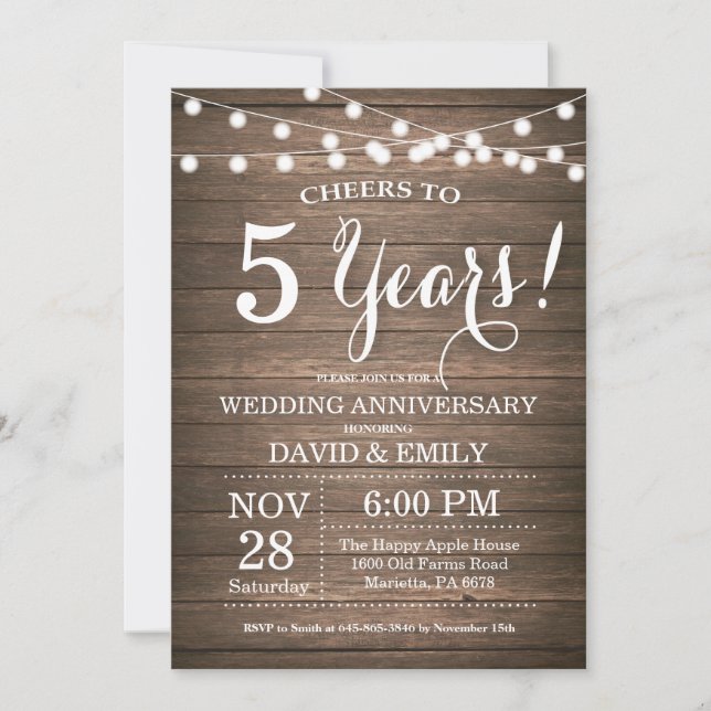 5th Wedding Anniversary Invitation Rustic Wood (Front)