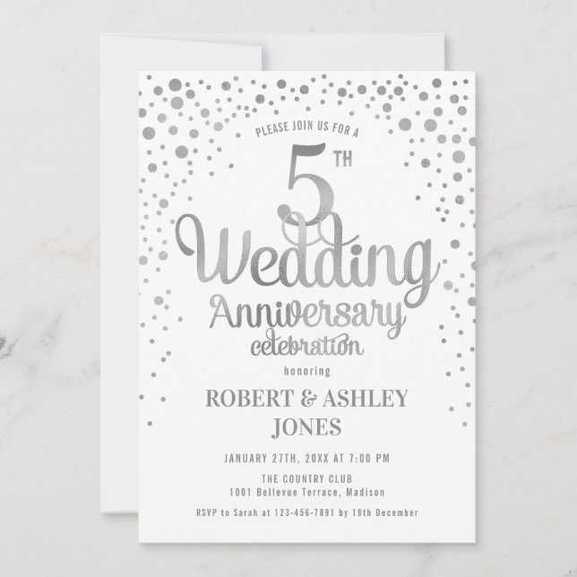5th Wedding Anniversary - Silver & White Invitation (Front)