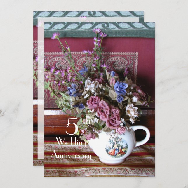 5th Wedding Anniversary, Vintage Teapot, Purple  Invitation (Front/Back)