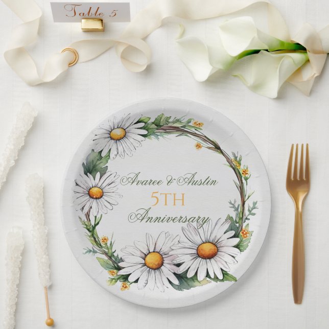 5th Wedding Anniversary White Daisies  Paper Plate (Wedding)