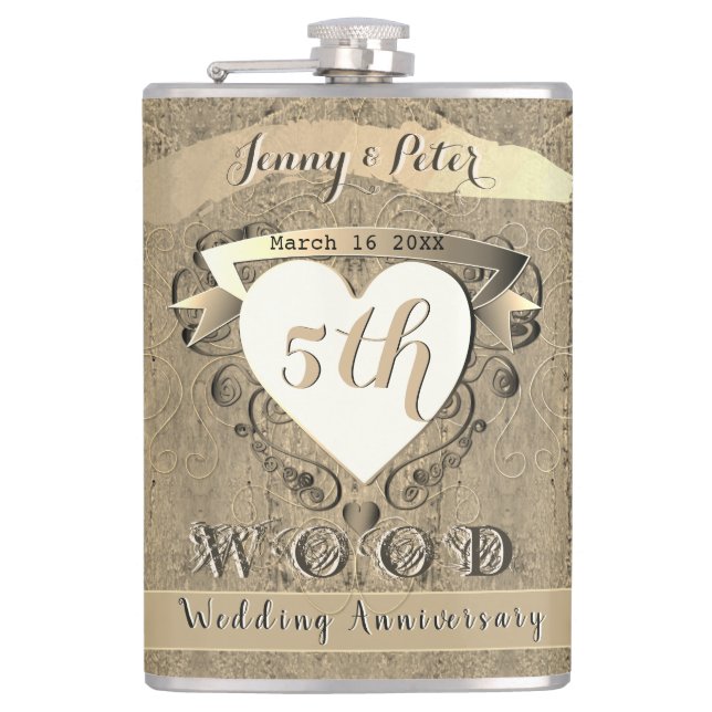 5th Wedding Anniversary "Wood"      Hip Flask (Front)