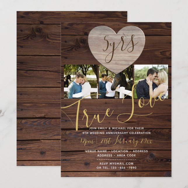 5th WOOD Anniversary PHOTO Rustic Invite (Front/Back)