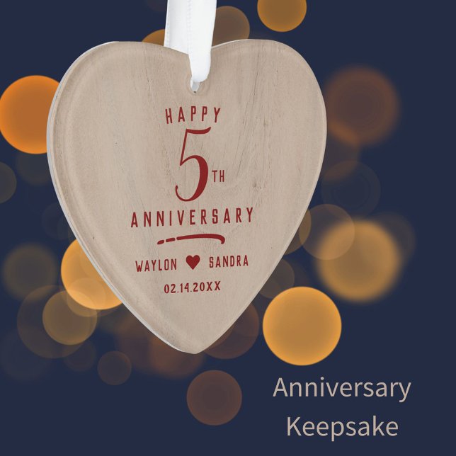5th Wood Gift Wedding Anniversary Ornament (Wood gift is traditional  for the 5th wedding anniversary. This personalized heart commemorates it.)