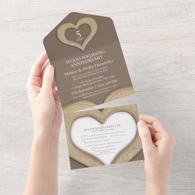 5th wood heart wedding anniversary brown all in one invitation (Tearaway)