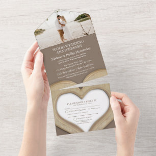 5th wood heart wedding anniversary photo brown all in one invitation