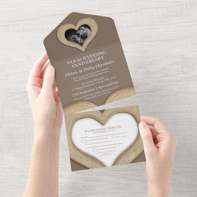 5th wood heart wedding anniversary photo brown all in one invitation (Tearaway)