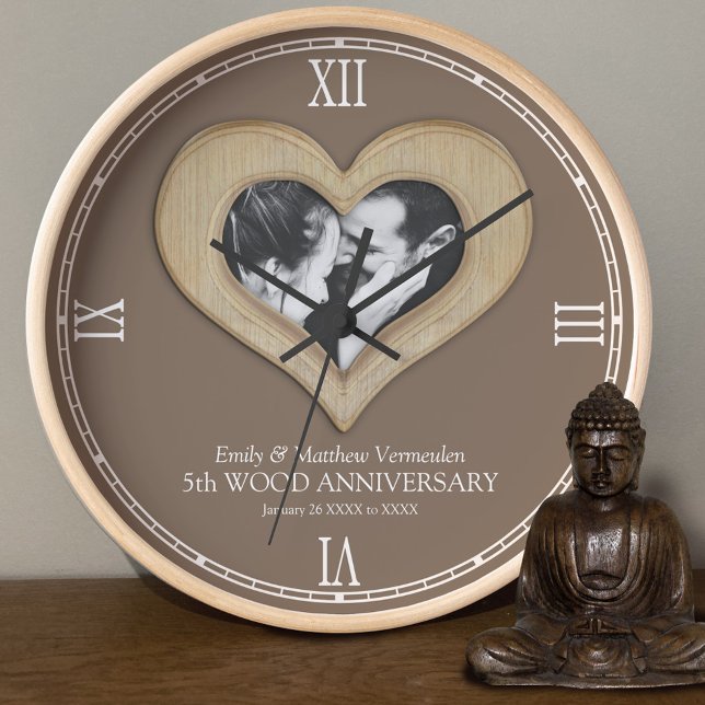 5th Wood wedding anniversary custom photo heart Clock (Creator Uploaded)