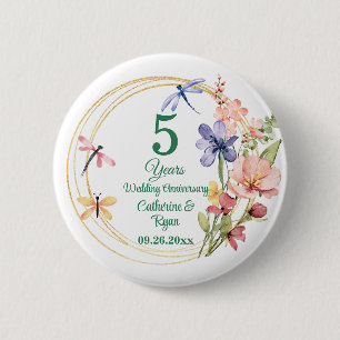 5th Wood Wedding Anniversary Gold Frame Floral 6 Cm Round Badge