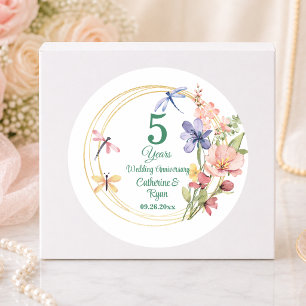 5th Wood Wedding Anniversary Gold Frame Floral Classic Round Sticker