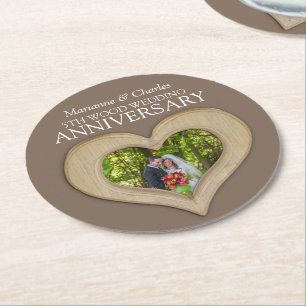 5th wood wedding anniversary heart photo coasters