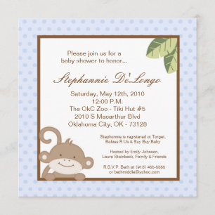 5x5 Boy Blue Monkey Baby Shower Invitation