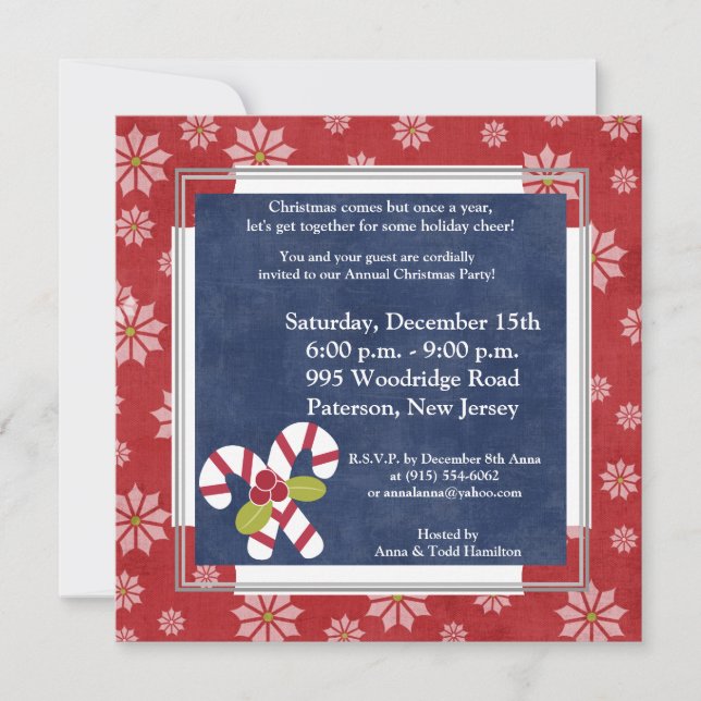 5x5 Christmas Holly on Candy Canes Invitation (Front)