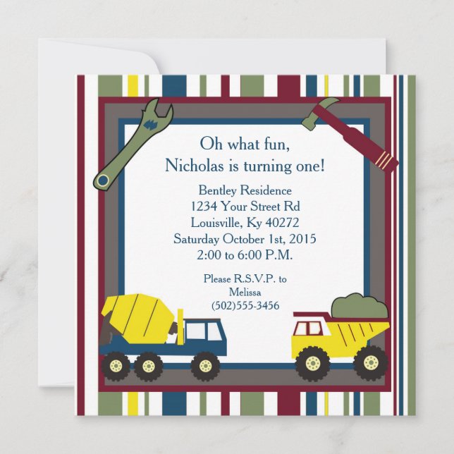 5x5 Construction First 1st Birthday Invitation (Front)