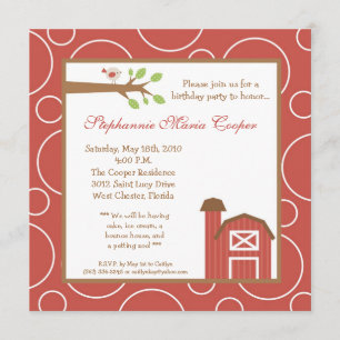 5x5 Farm Animal Red Barn Birthday Party Invitation