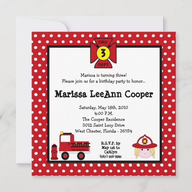 5x5 Firewoman Firetruck Birthday Party Invitation (Front)