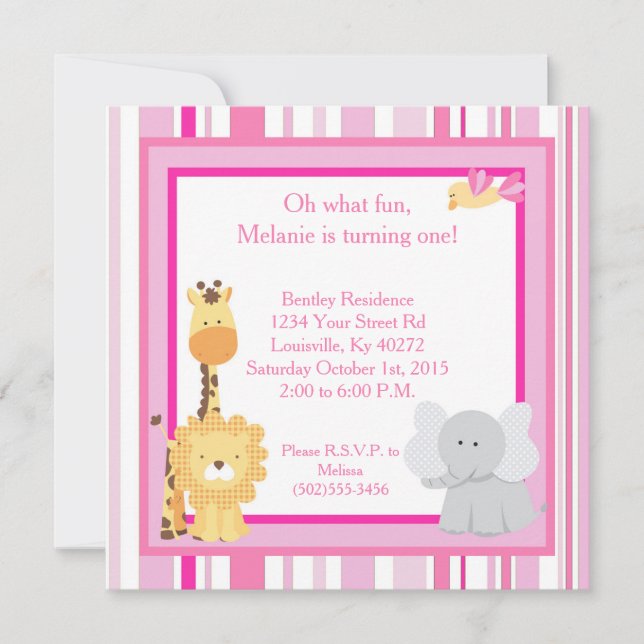 5x5 Pink Jungle 1st First Birthday Invitation (Front)