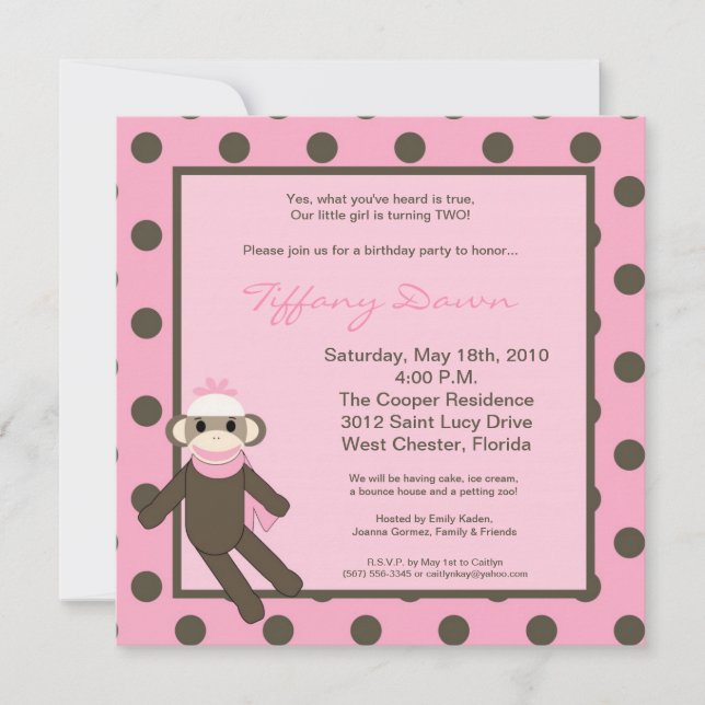 5x5 Pink Sock Monkey Toy Birthday Party Invitation (Front)
