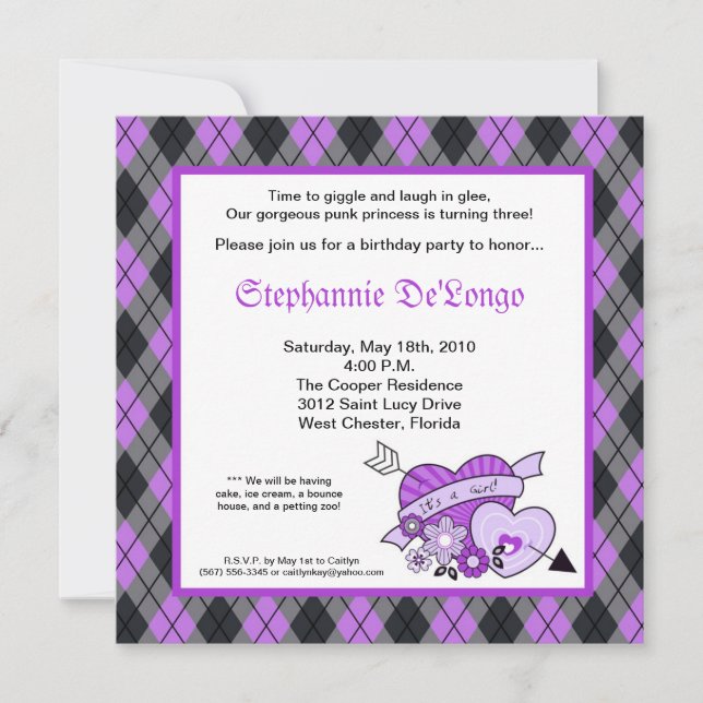 5x5 Punk EMO Rock Argyle Birthday Party Invitation (Front)