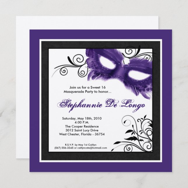 5x5 Purple Masquerade Mask 16 Birthday Invitation (Front/Back)