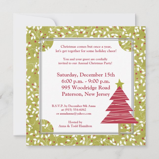 5x5 Red Tree Christmas Holly Invitation (Front)