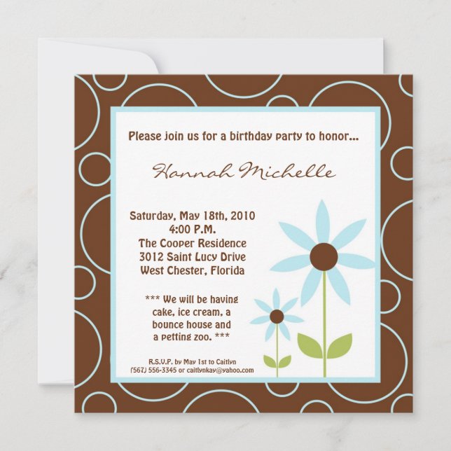 5x5 Spring Blue Flower Birthday Party Invitation (Front)