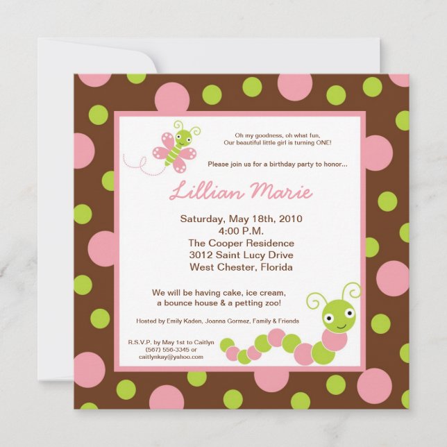 5x5 Spring Bugs Butterfly Birthday Part Invitation (Front)