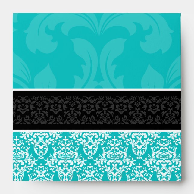 5x5 Turquoise Black & White Damask Lined Envelopes (Front)