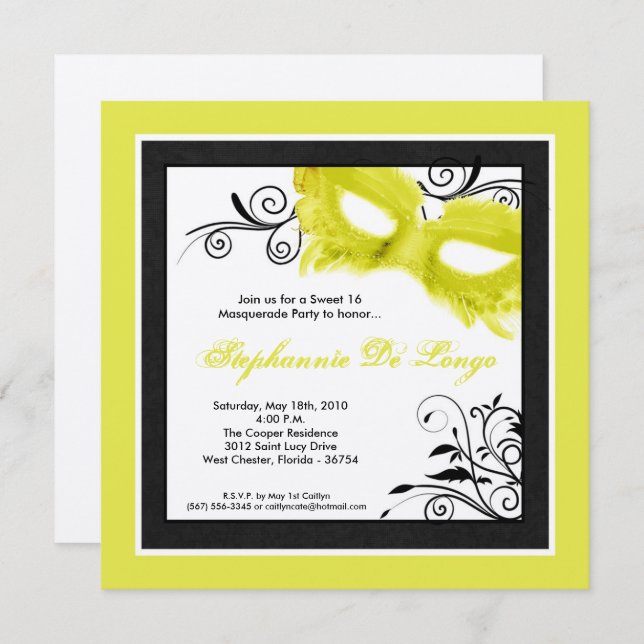 5x5 Yellow Masquerade Mask 16 Birthday Invitation (Front/Back)