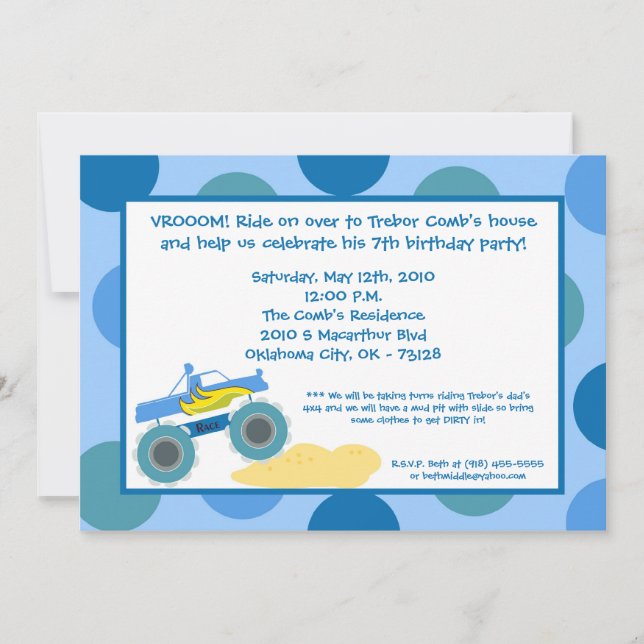 5x7 4x4 ATV Monster Truc Birthday Party Invitation (Front)