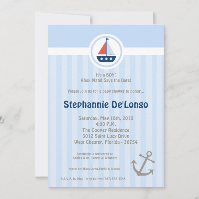 5x7 Ahoy Nautical Sail Boat Baby Shower Invitation (Front)