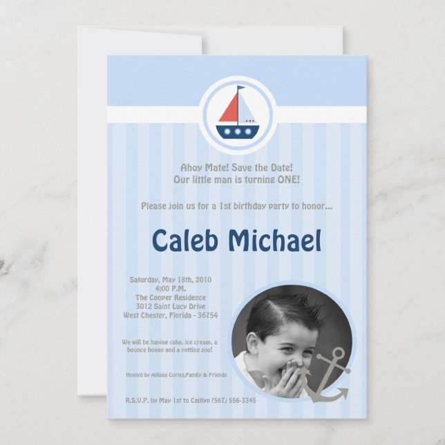 5x7 Ahoy Nautical Sail Boat Birthday Invitation (Front)