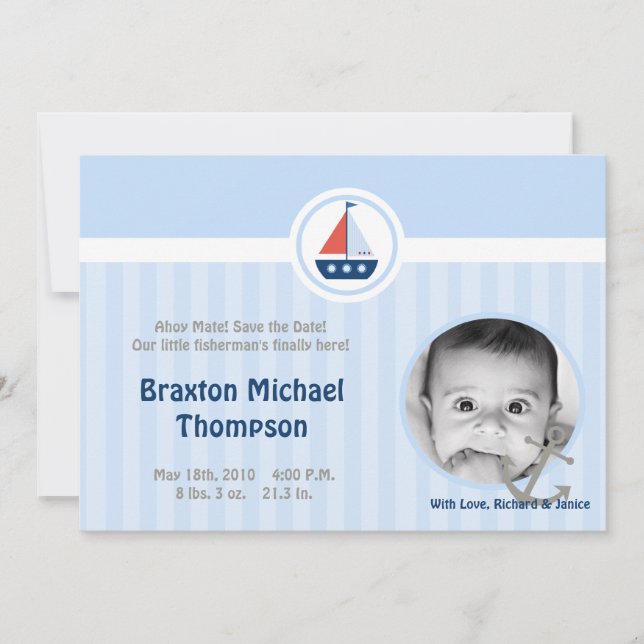 5x7 Ahoy Nautical Sail Photo Birth Announcement (Front)