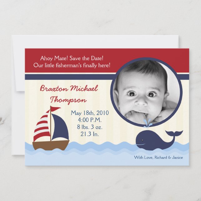 5x7 Ahoy Nautical Whale Photo Birth Announcement (Front)