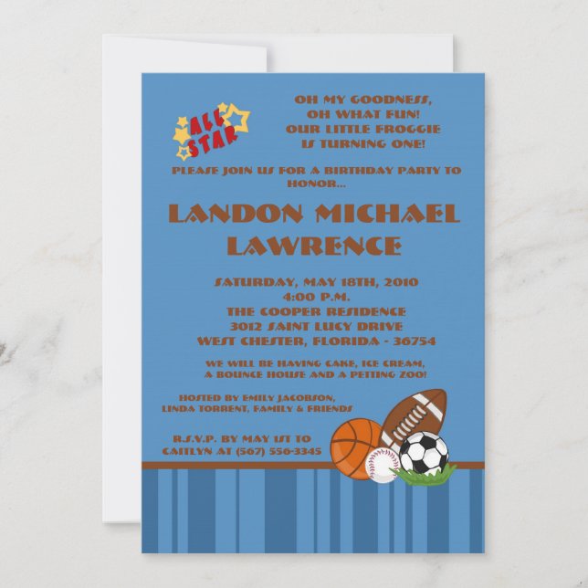 5x7 All Star Blue Birthday Party Invitation (Front)