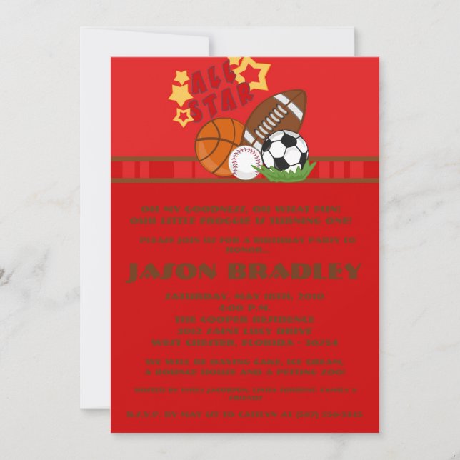 5x7 All Star Red Birthday Party Invitation (Front)