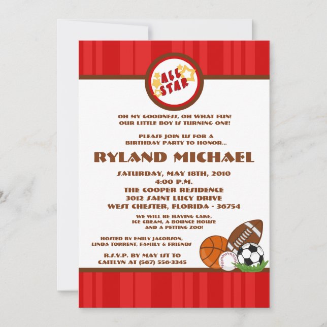 5x7 All Star Red Birtyhday Invitation (Front)