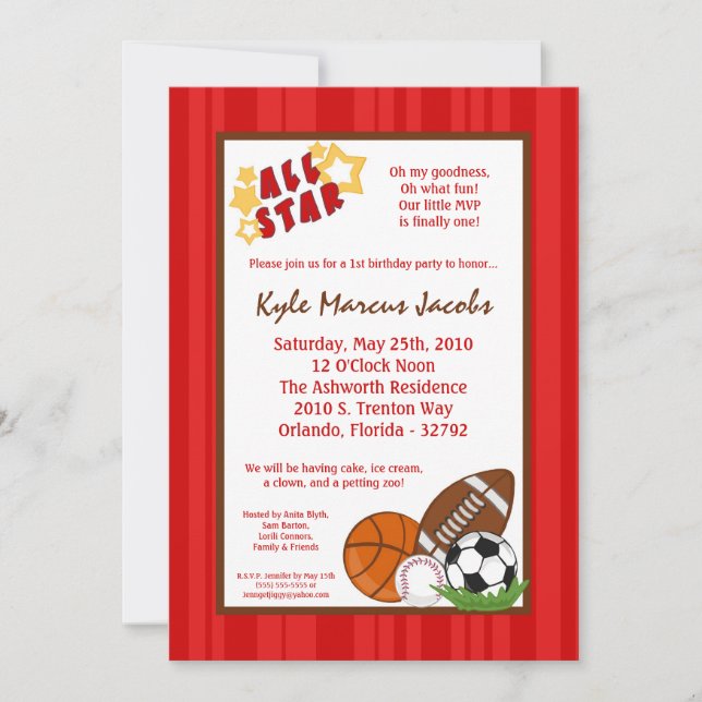 5x7 AllStar MVP SportBall Birthday Part Invitation (Front)