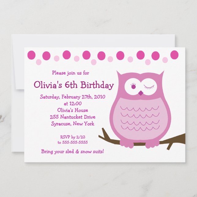 5x7 Amore Owl Pink Girl Birthday Invitation (Front)