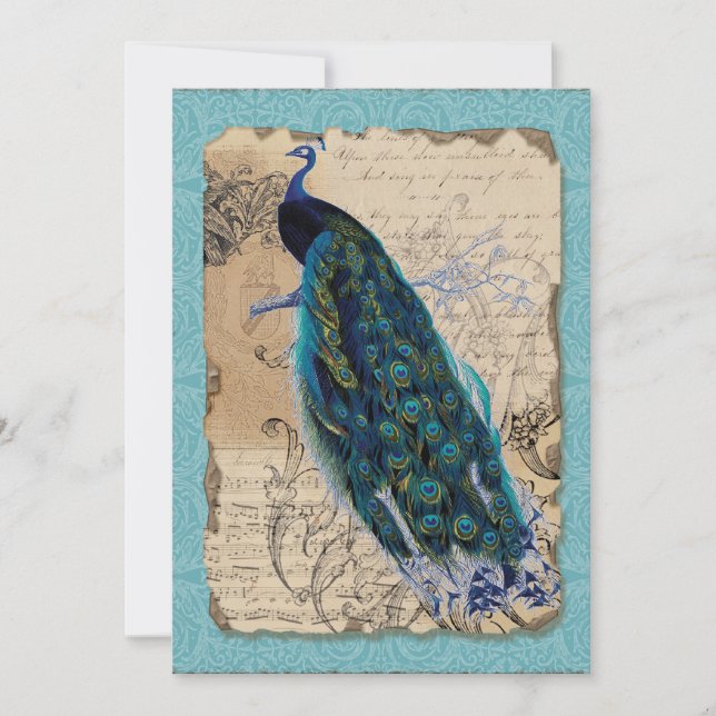 5x7 Ancient Peacock Save the Date Cards Aqua Blue (Front)