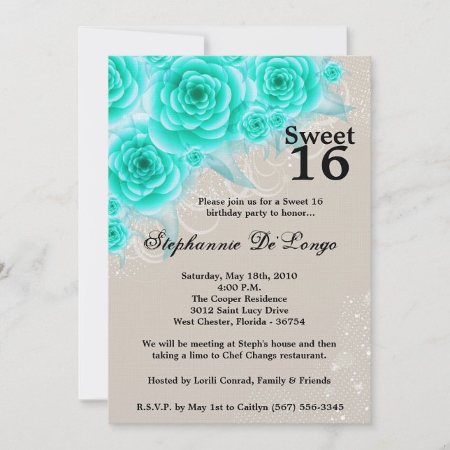 5x7 Aqua Roses Floral Sweet 16 Birthday Invitation (Front)