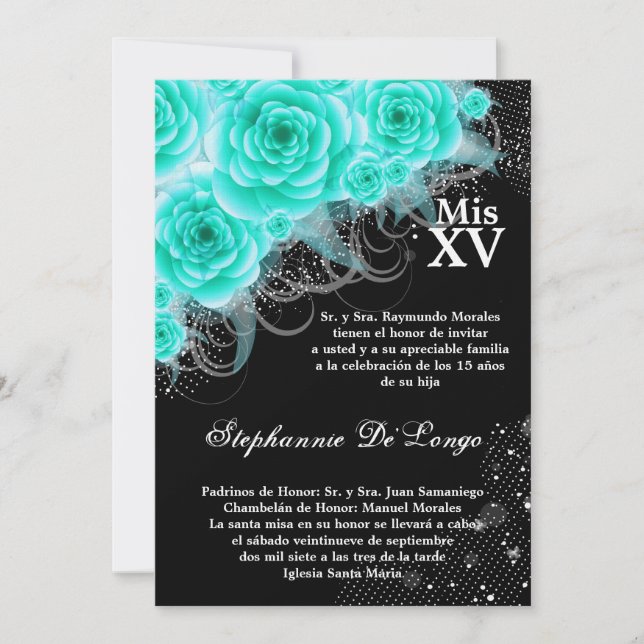 5x7 Aqua Roses Quinceanera Birthday Invitation (Front)