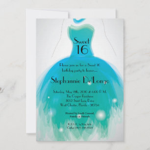 5x7 Aqua Teal Dress Sweet 16 Birthday Invitation