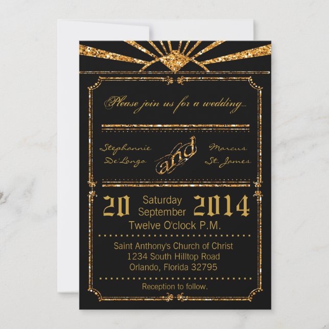 5x7 Art Deco 20's Gold Glitter Wedding Invitation (Front)