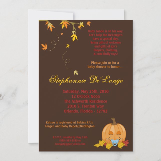5x7 Autumn Fall Leaves Boy Baby Shower Invitation (Front)