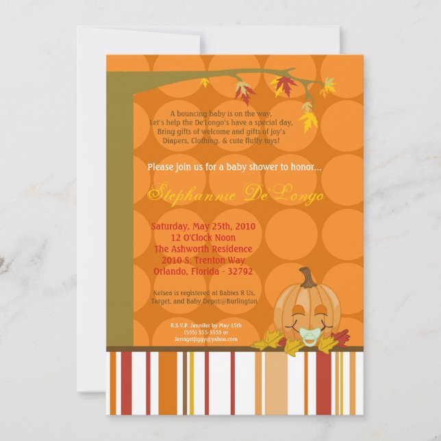 5x7 Autumn Fall Pumpkin Baby Shower Invitation (Front)
