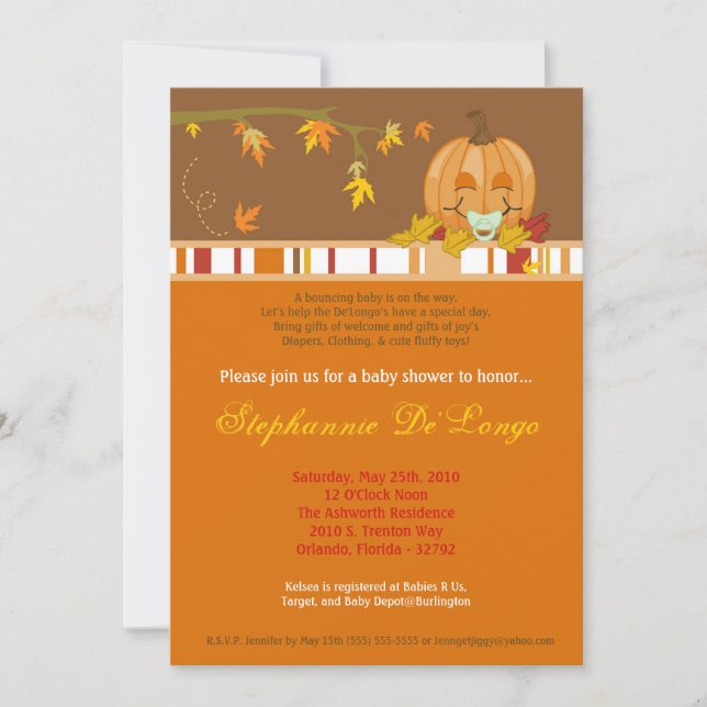 5x7 Autumn Fall Pumpkin Baby Shower Invitation (Front)